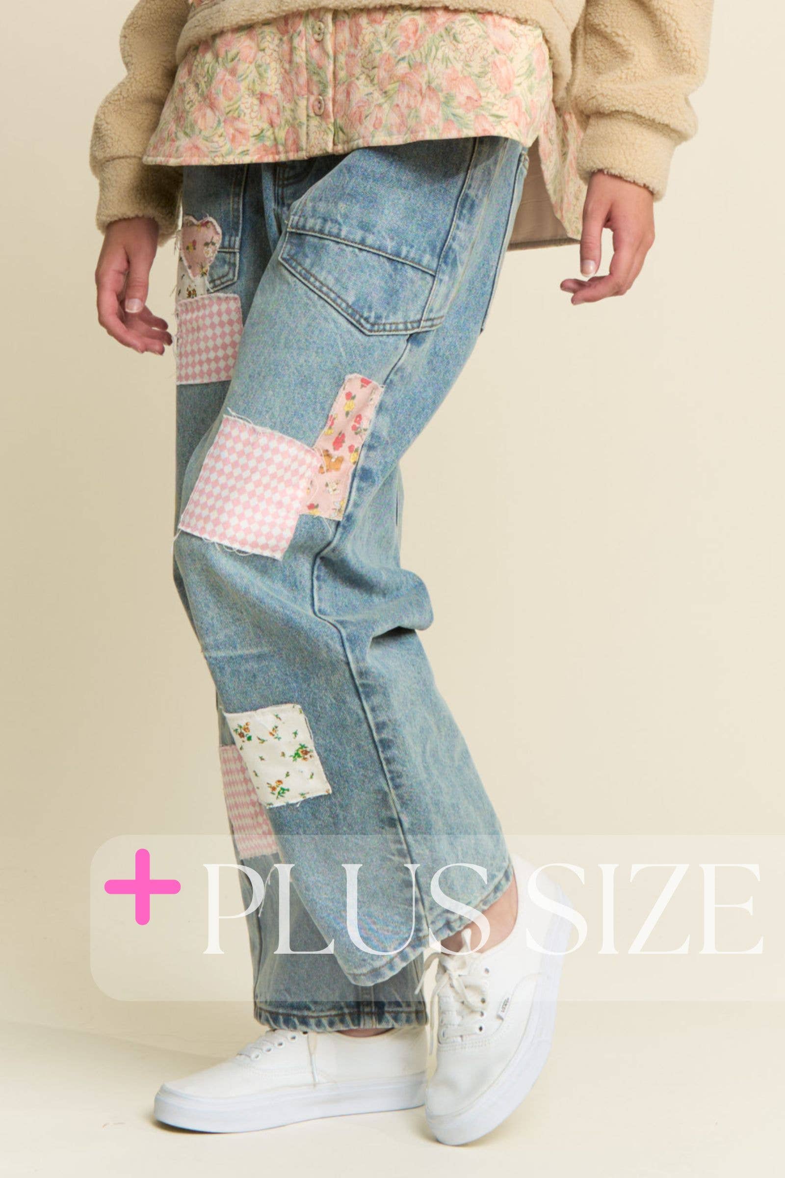 Light Wash Spring Patchwork Jeans (Plus)