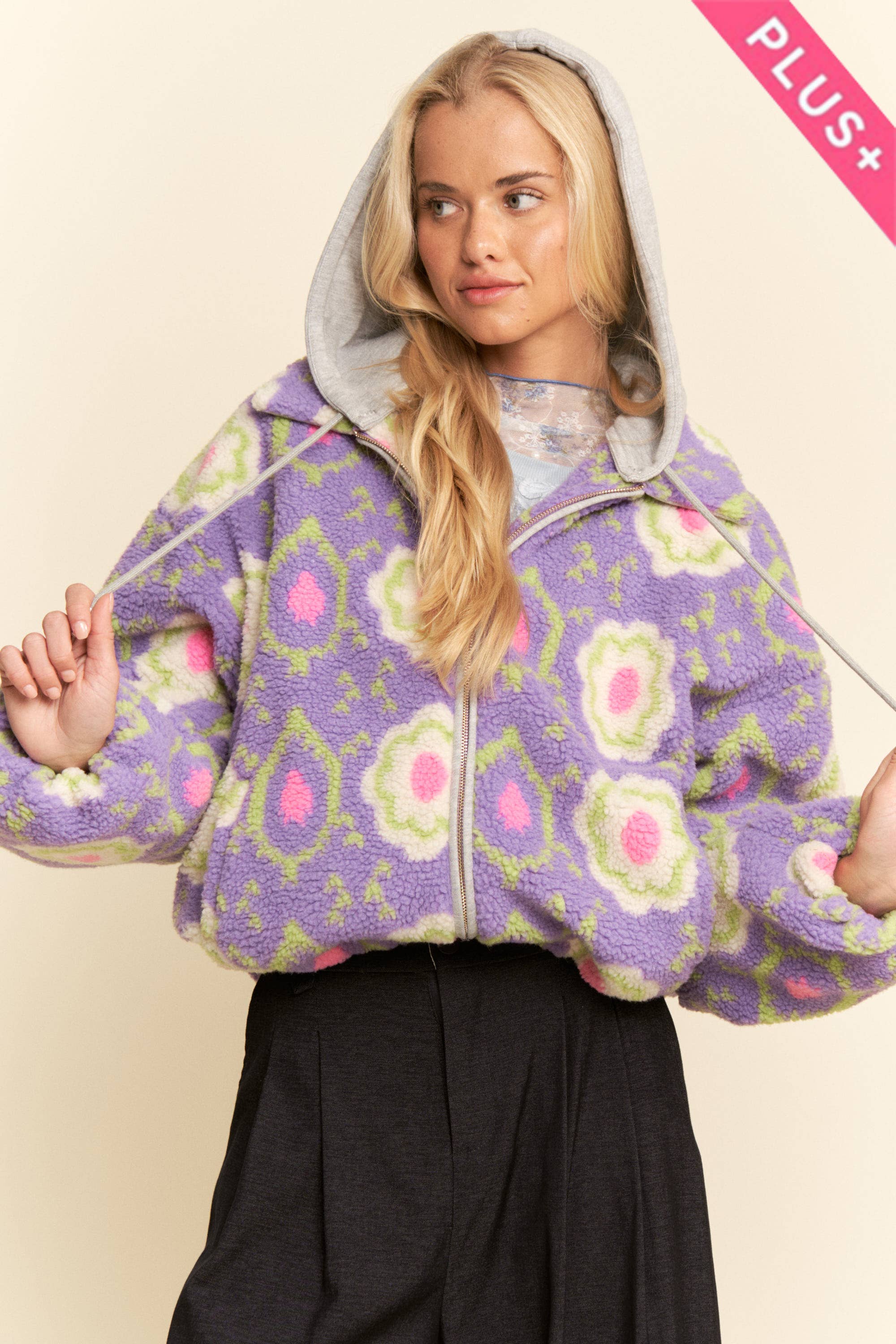 Purple Floral Sherpa Zip Jacket (Plus)