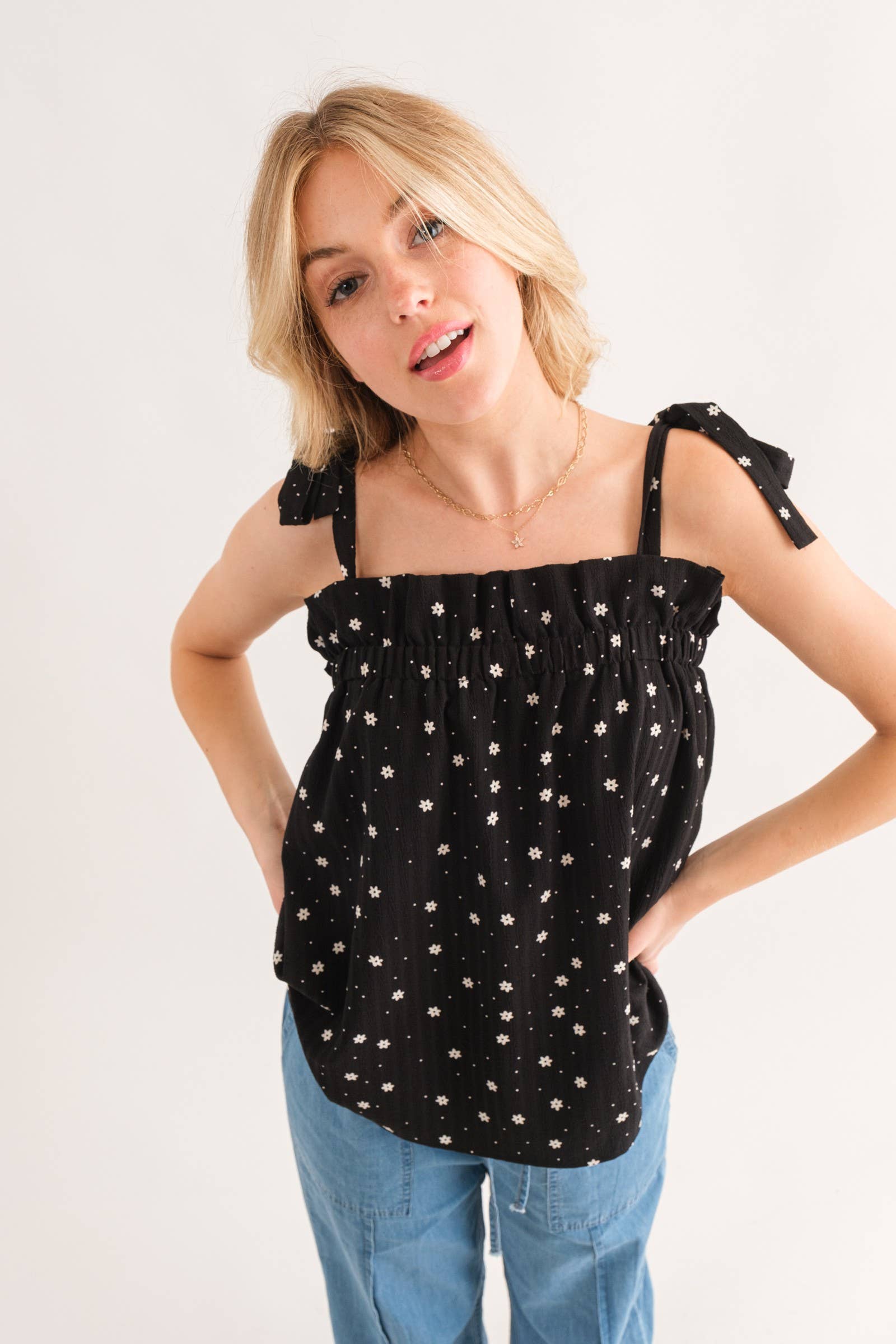 Daisy Polka Dot Print Ruffle Tank Top (Plus)