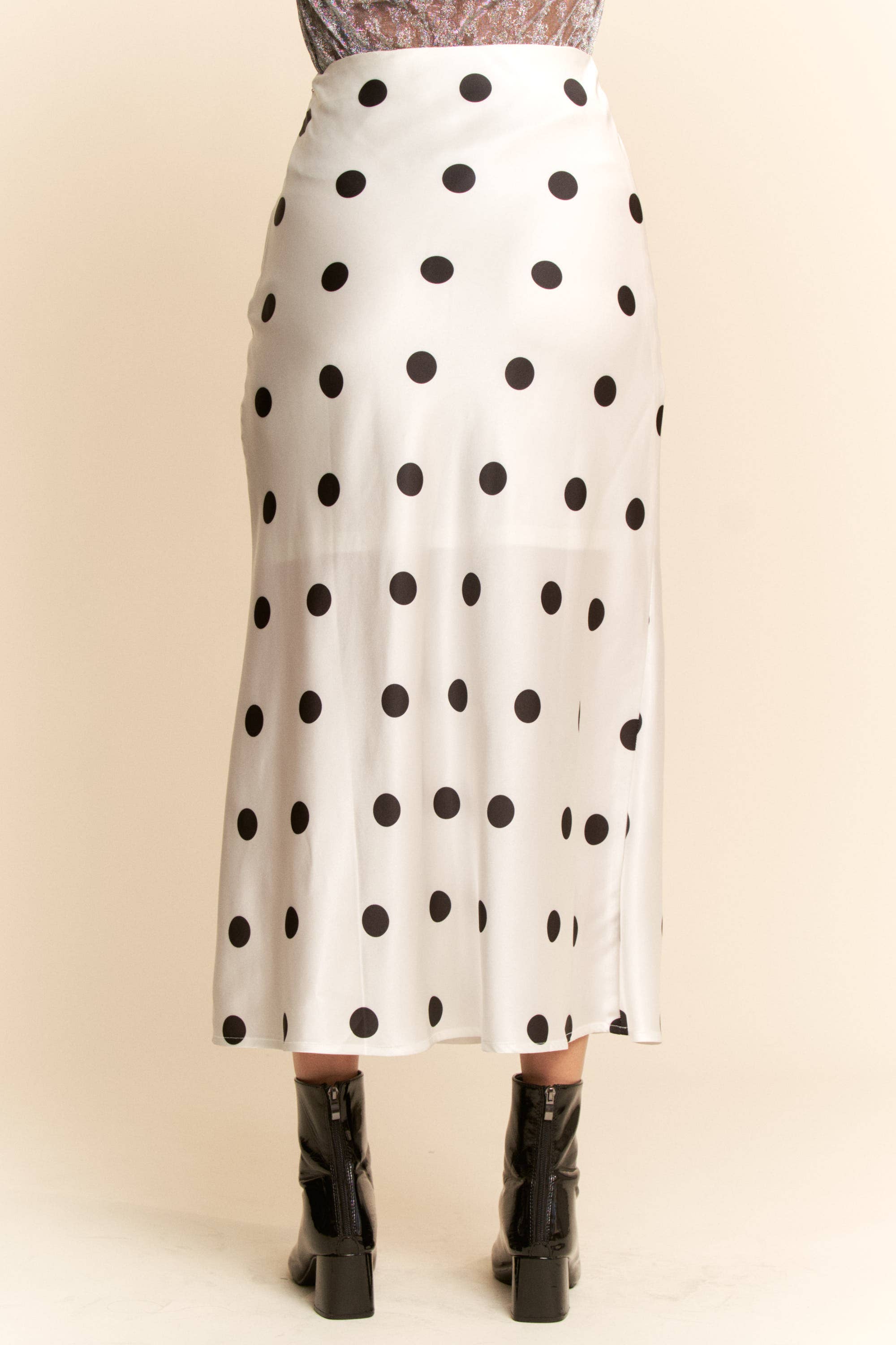 White & Black Polka Satin Dot Midi Skirt