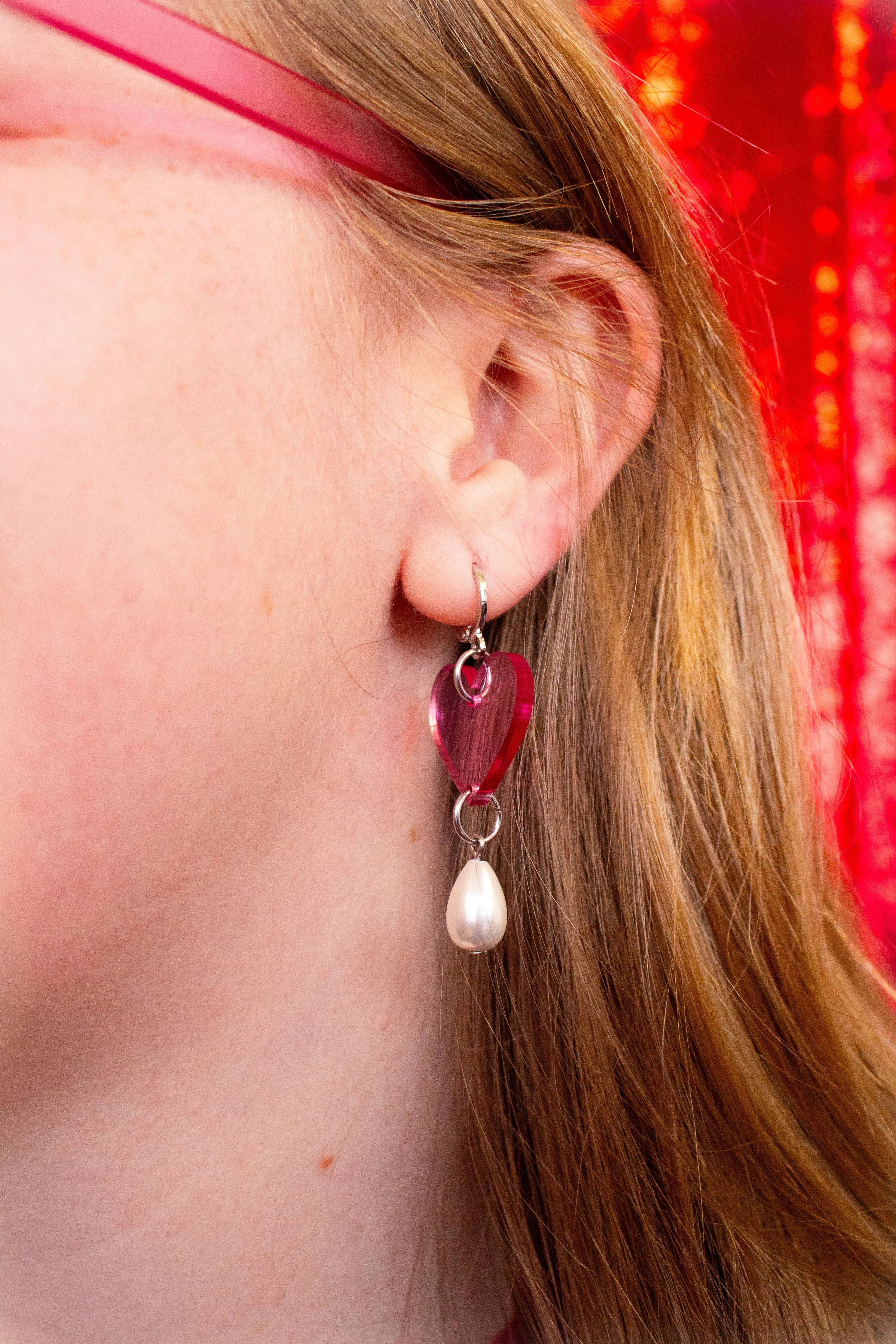 Acrylic Heart Pearl Drop Earrings