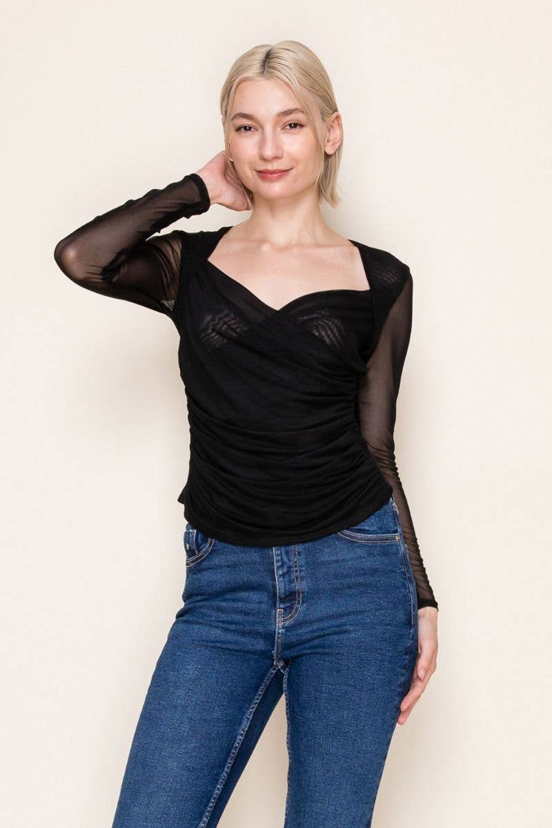 Long Sleeve Black Wrap Top With Mesh Sleeves