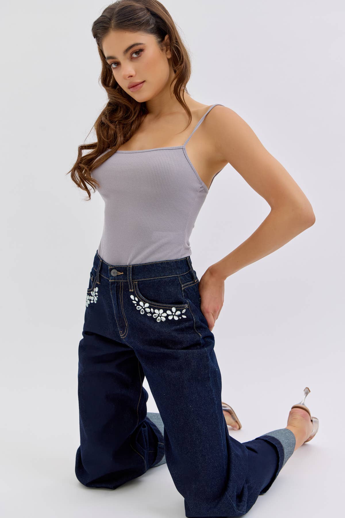 Dark Wash High Rise Wide Leg with Rhinestone Pocket Detail