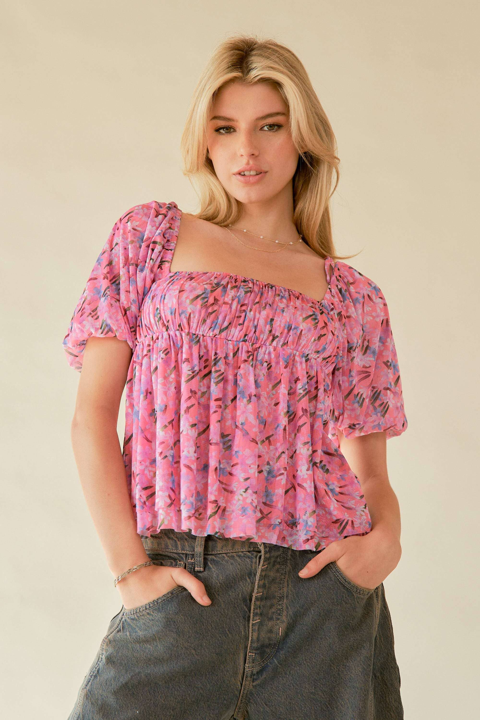 Floral Printed Puff Double Layered Mesh Blouse (Plus)