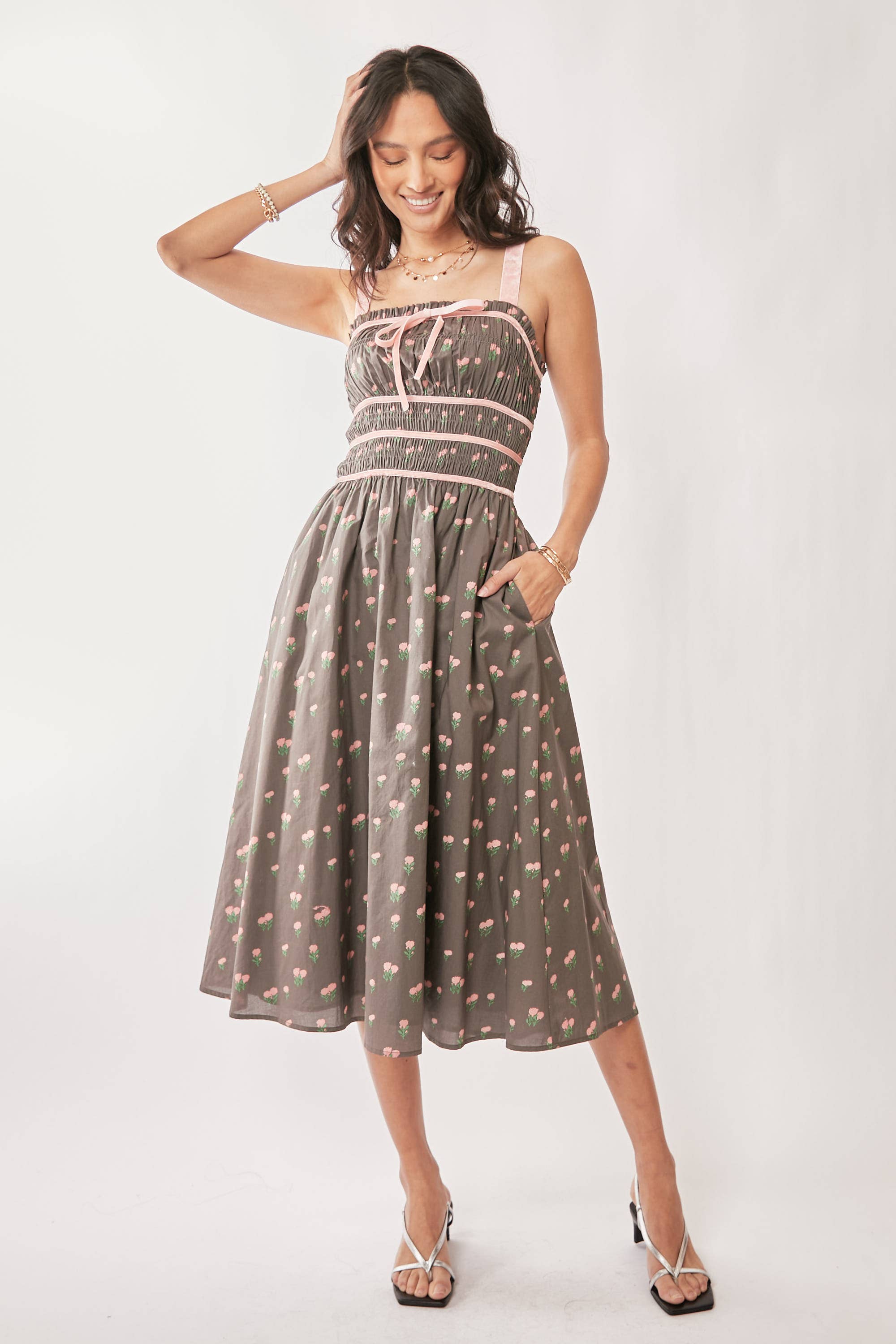 Contrast Velvet Smocking Bodice Midi Dress