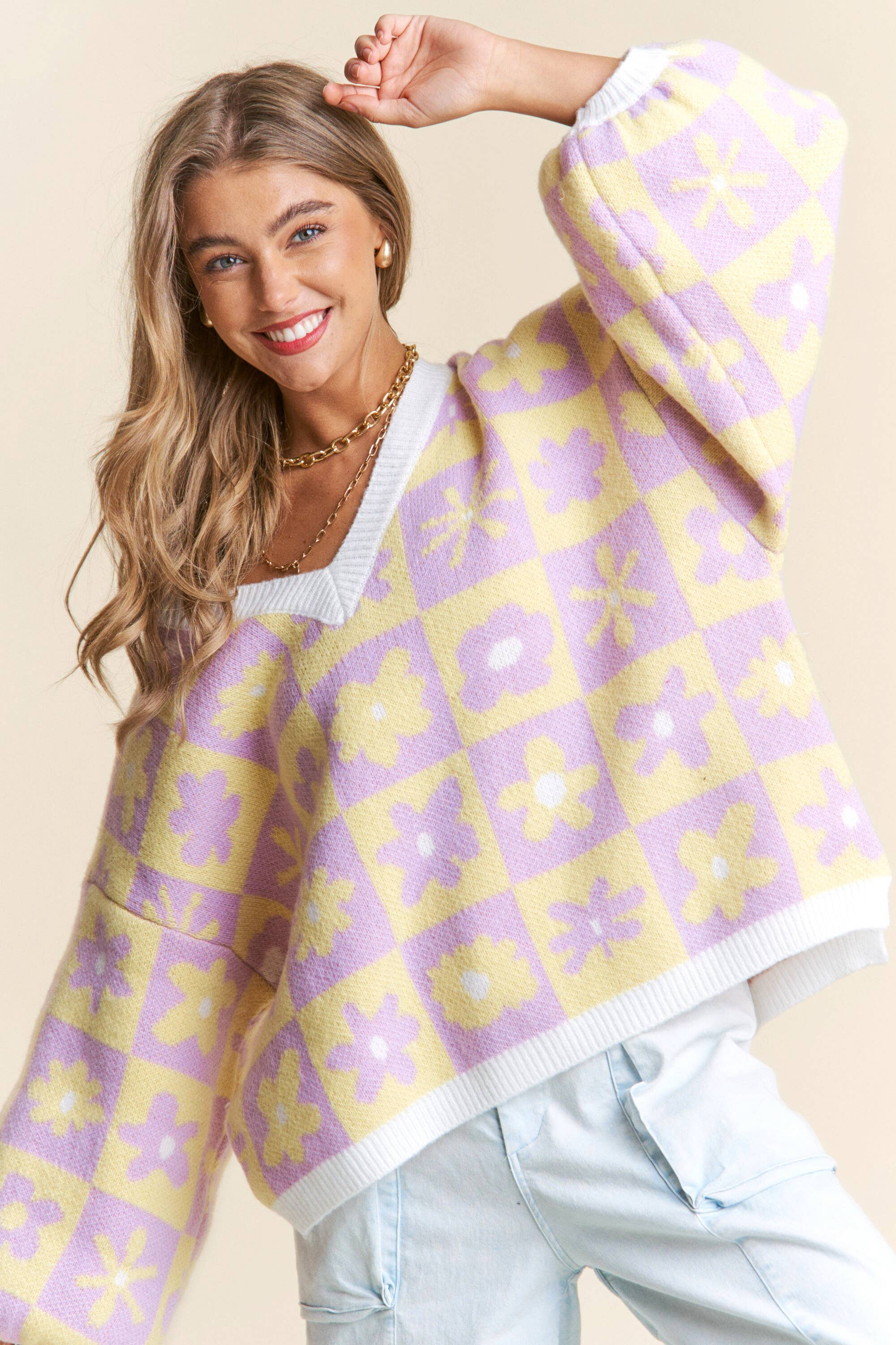 Floral Checkered Knit V Neck Sweater S-L / 1X-3X