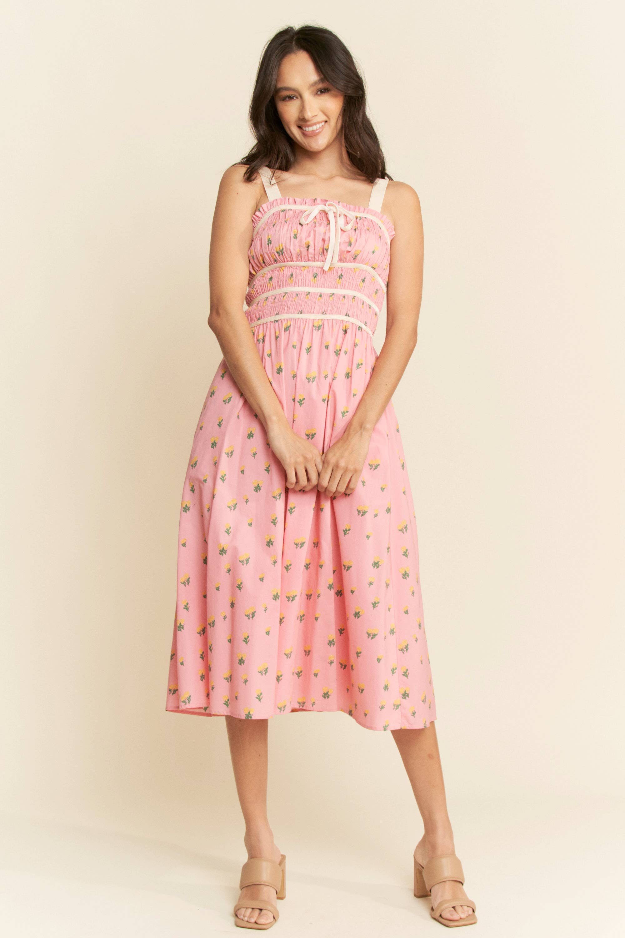 Contrast Velvet Smocking Bodice Midi Dress
