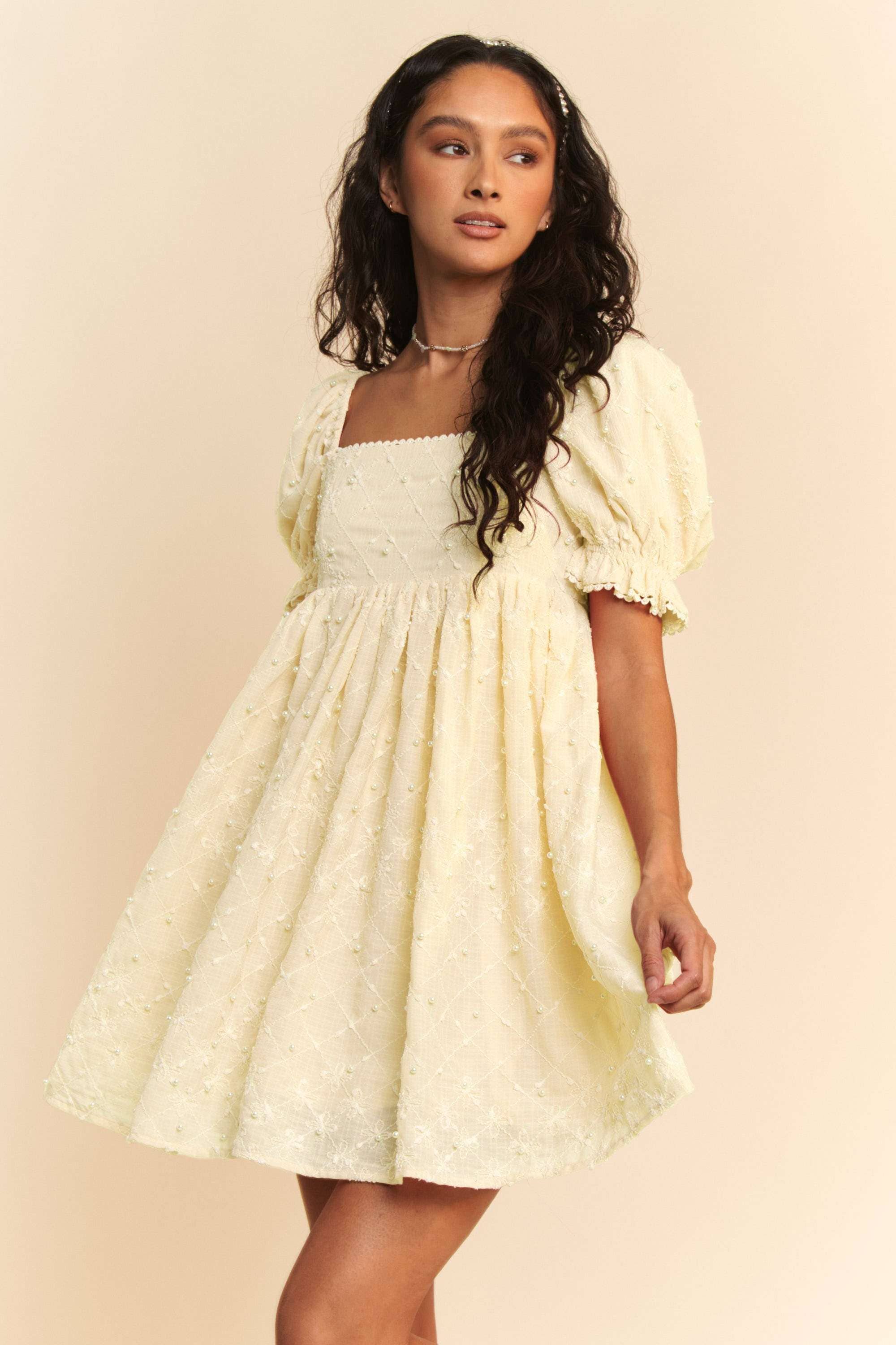 Puff Sleeve Floral & Pearl Detail Mini Dress