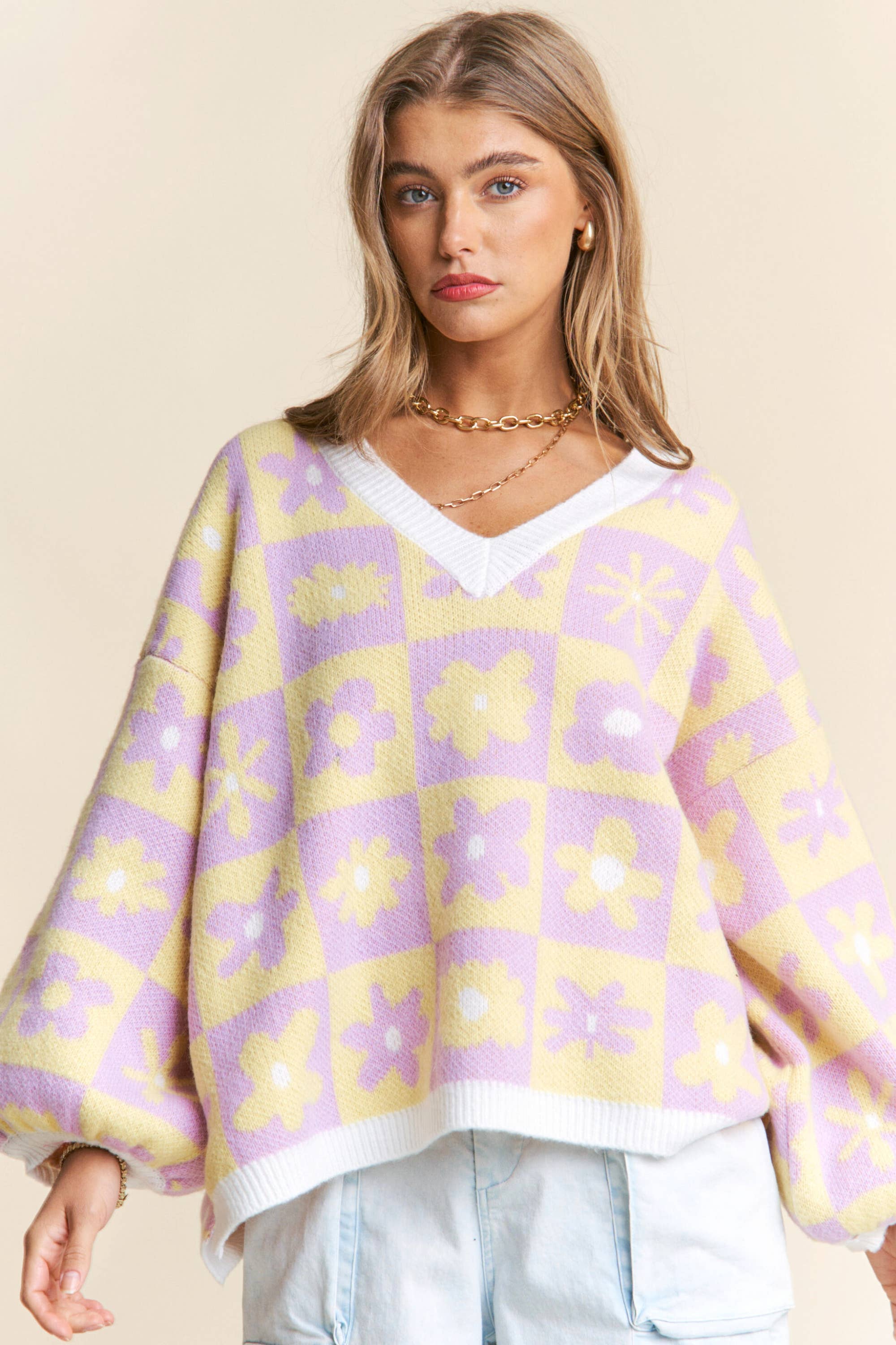 Floral Checkered Knit V Neck Sweater S-L / 1X-3X
