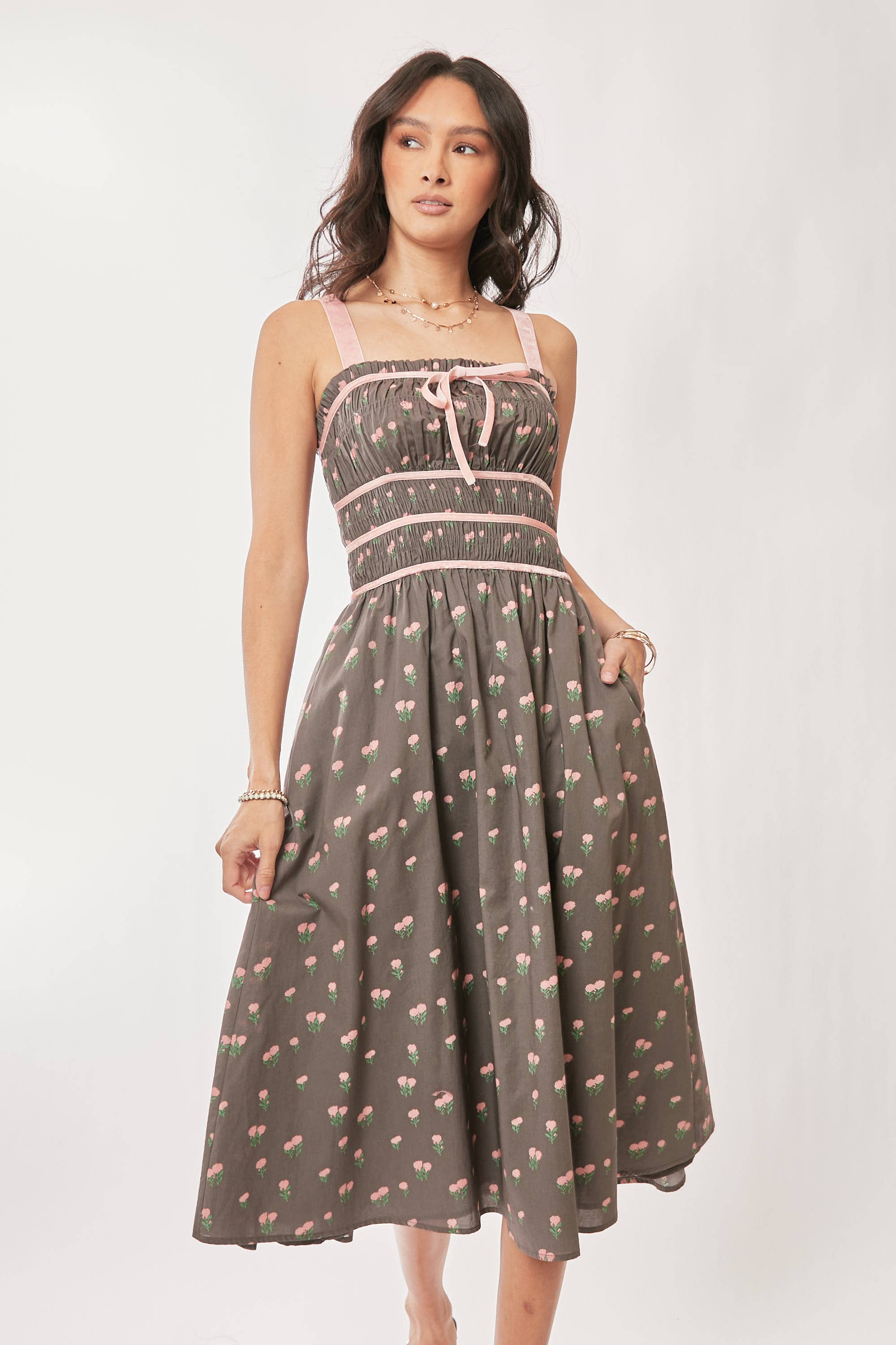 Contrast Velvet Smocking Bodice Midi Dress