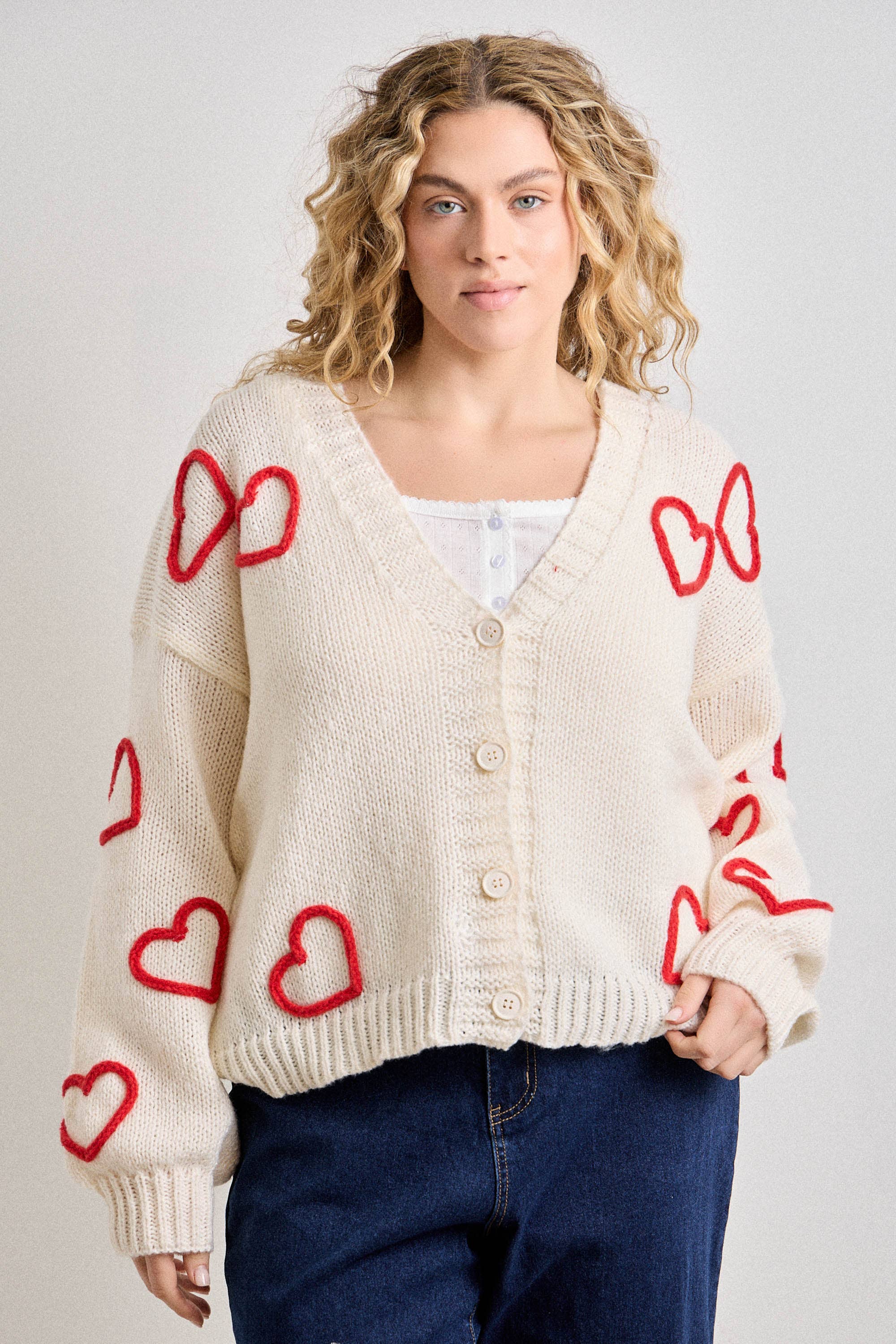 Cream Cardigan with Heart Embroidery (Plus)