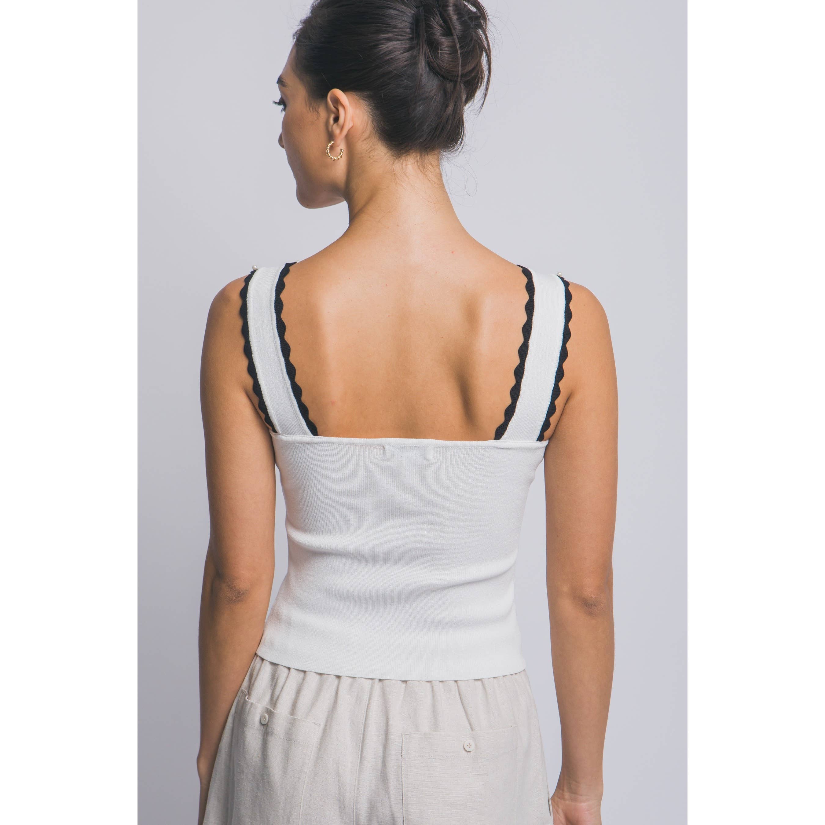 Ribbed Knit Tank Top w/ Lace Trim & Pearls