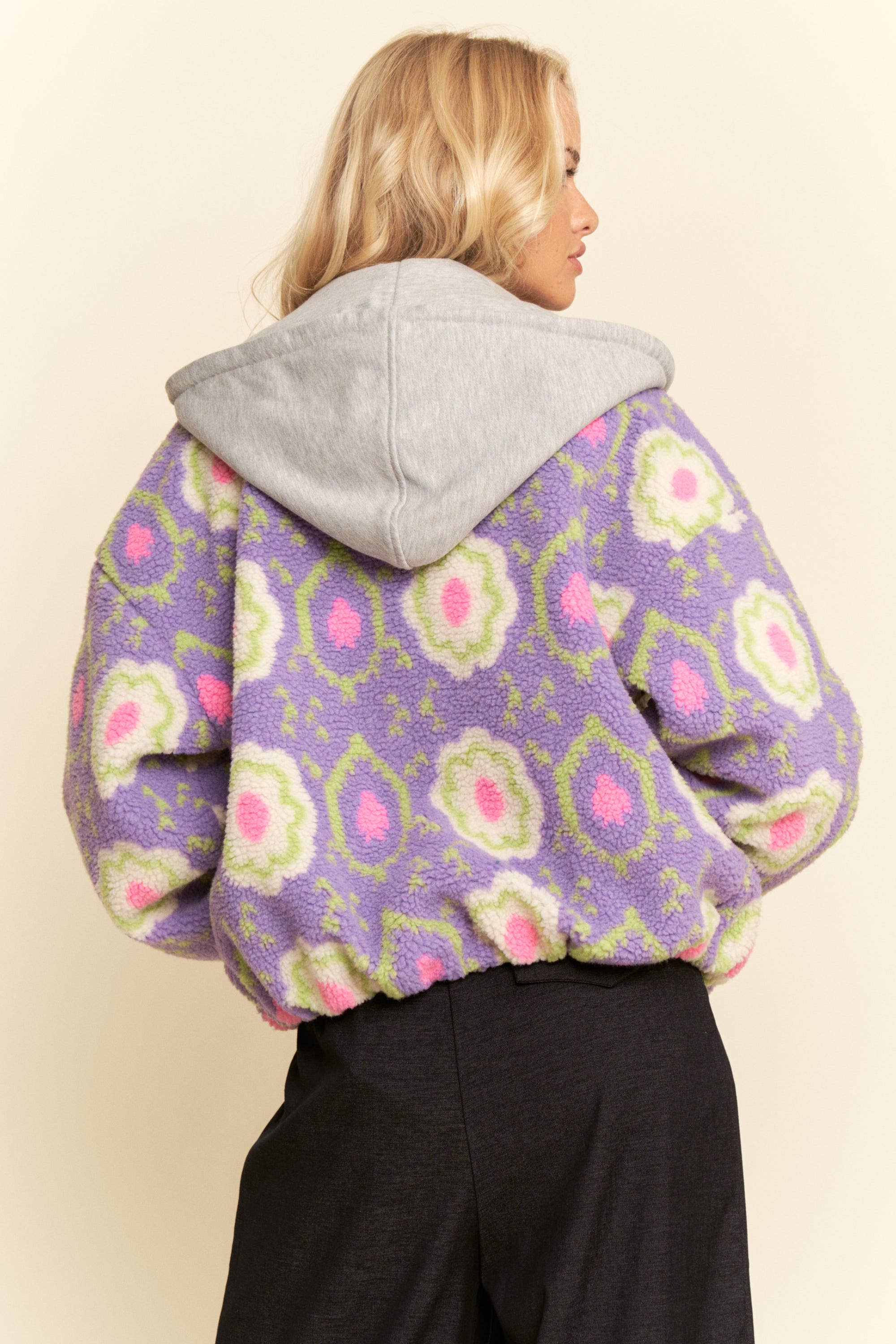 Purple Floral Sherpa Zip Jacket (Plus)