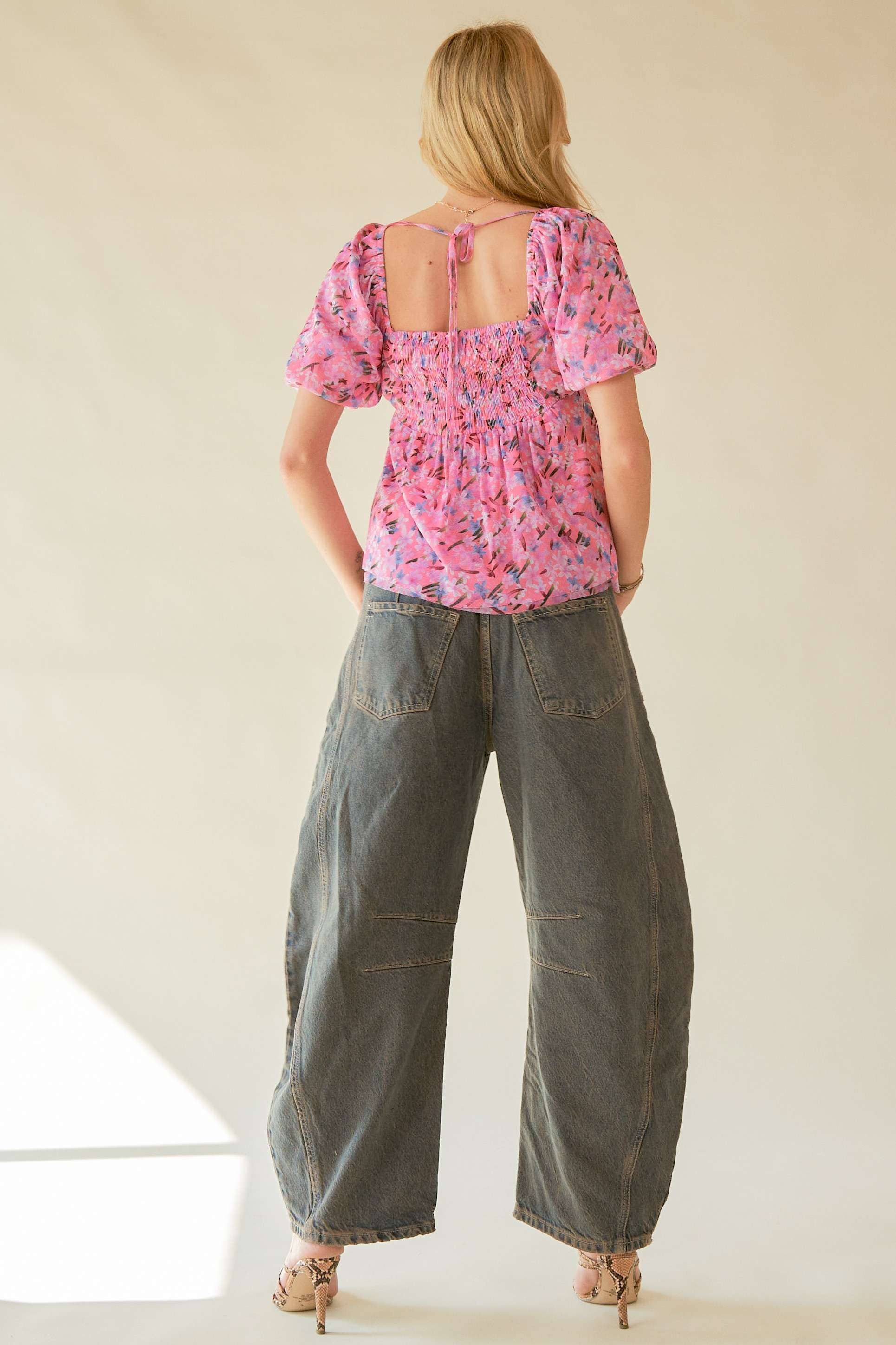 Floral Printed Puff Double Layered Mesh Blouse